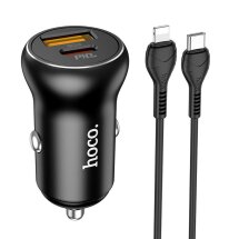 Автомобильное зарядное устройство Hoco NZ5 Smooth Road PD30W + QC3.0 + кабель Type-C to Lightning - Black: фото 1 из 10